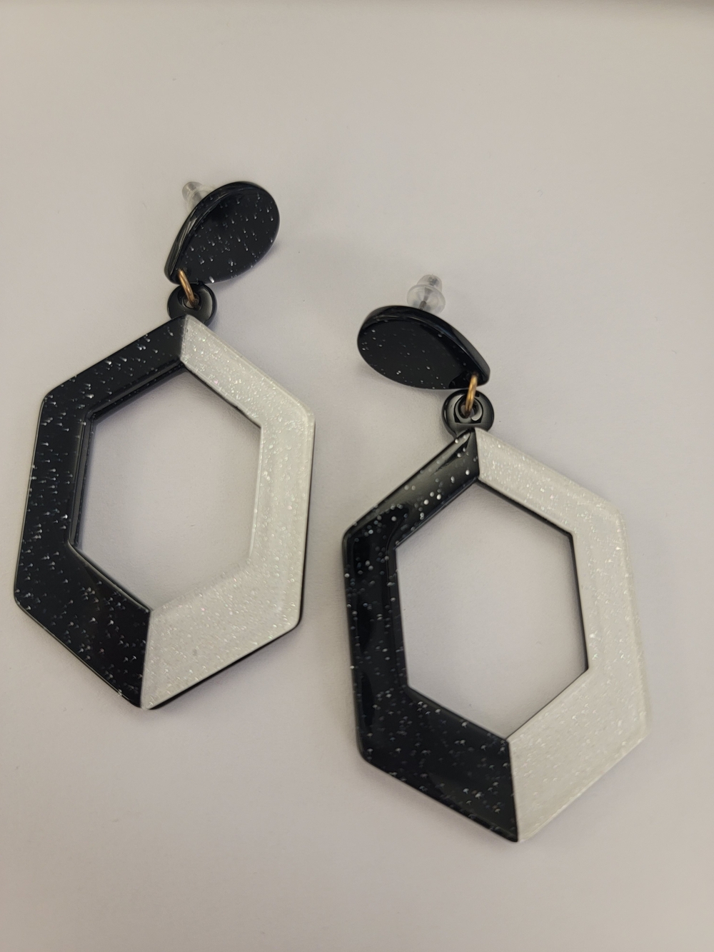Black & White Hexagon Drop Earrings